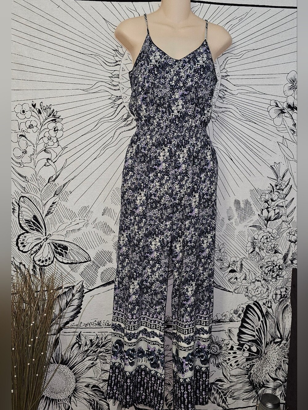 Mimi Chica XS Floral Navy & White Wide-Leg Jumpsuit